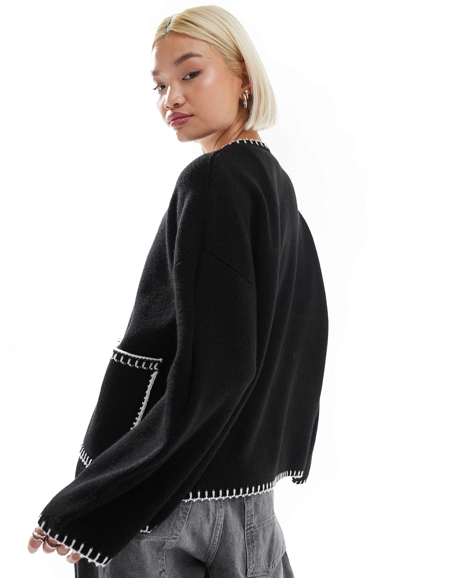 Knitted Shacket With Blanket Stitch Detail