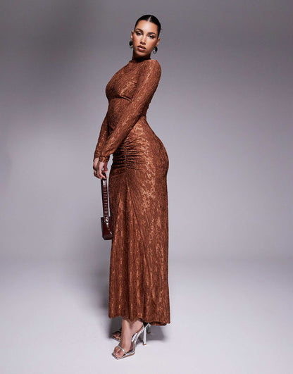 High Neck Devore Maxi Dress With Ruched Skirt Detail