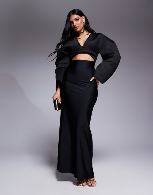 Scuba Oversize Shoulder Faux-Ord Maxi Dress With Sculpting Jersey Skirt