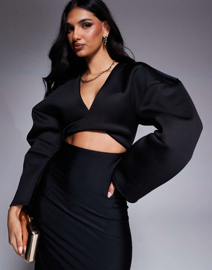 Scuba Oversize Shoulder Faux-Ord Maxi Dress With Sculpting Jersey Skirt