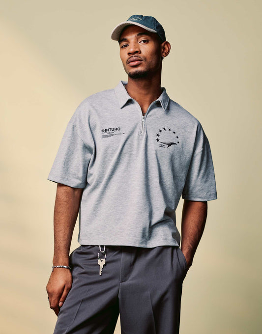 Boxy Oversized Zipped Polo With Sports Graphic