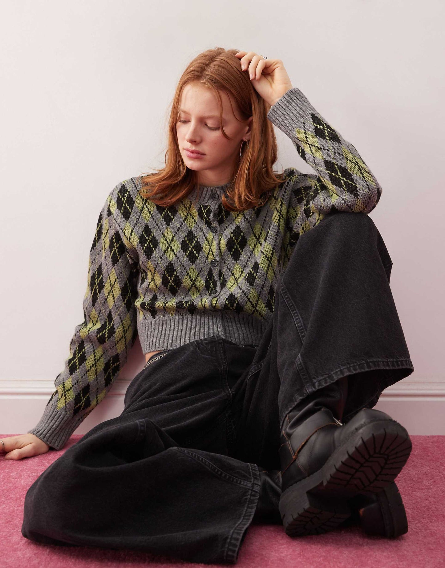 Cropped Argyle Knitted Cardi