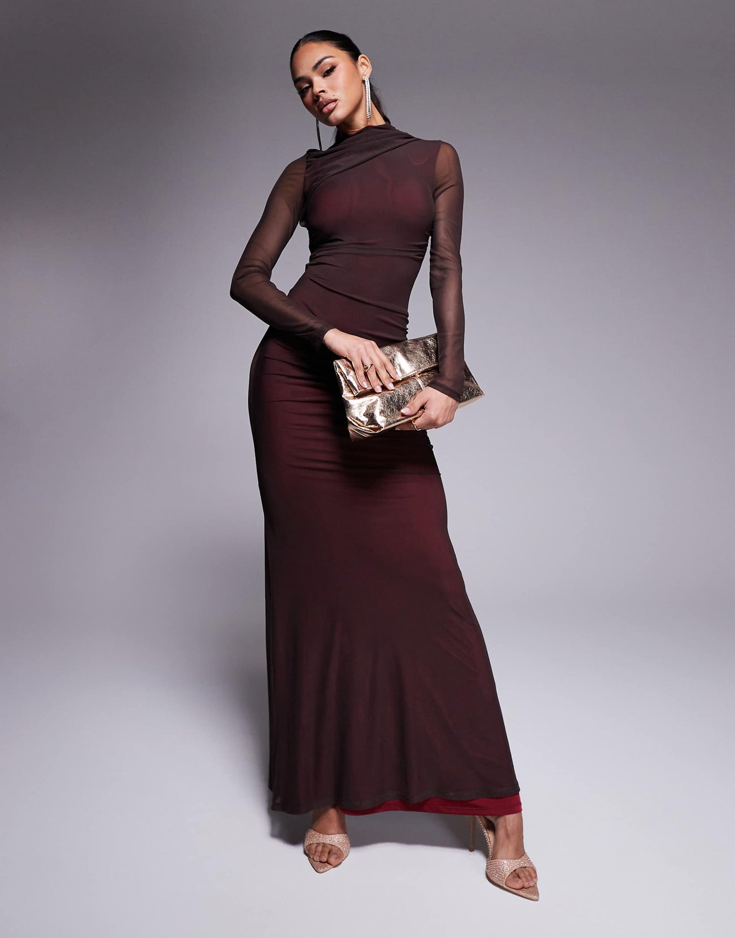 Long Sleeve Ruched Mesh Maxi Dress With Contrast Lining