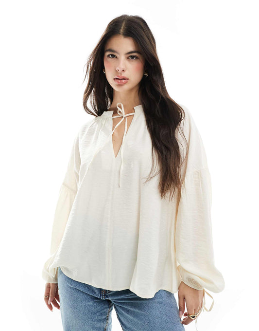 Tie Neck Top  With Volume Sleeve