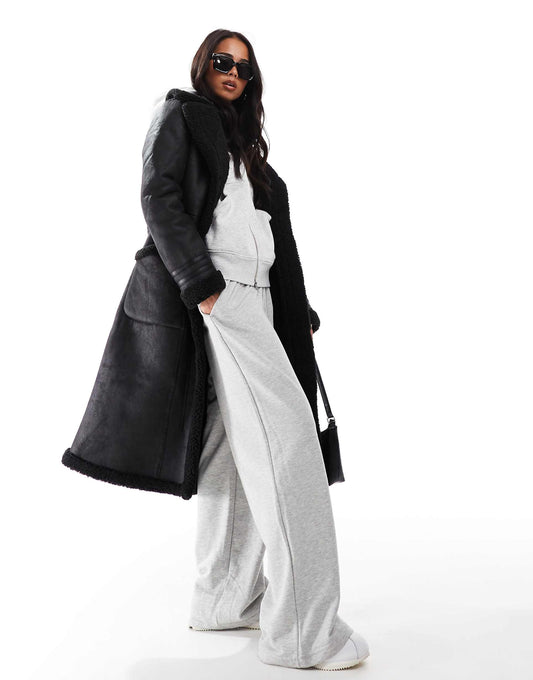 Faux Shearling Longline Aviator Coat
