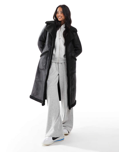 Faux Shearling Longline Aviator Coat