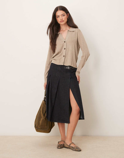 Denim Pleated Midi Skirt