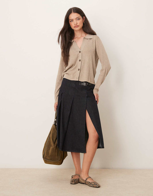 Denim Pleated Midi Skirt
