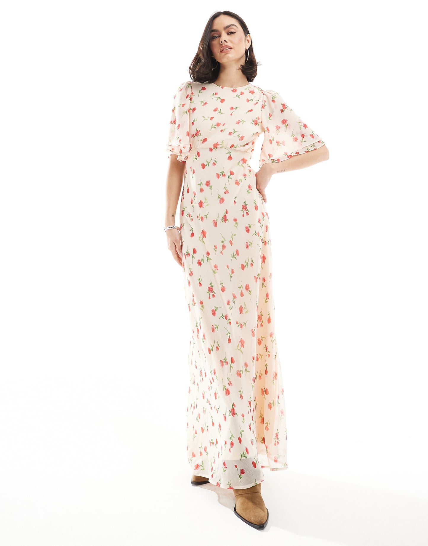 Floral Print High Neck Ruffle Sleeve Maxi Dress