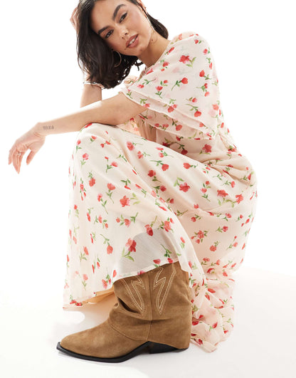 Floral Print High Neck Ruffle Sleeve Maxi Dress