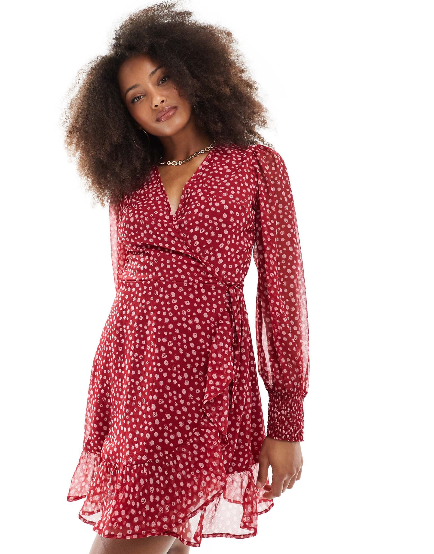 Smudge Spot Ruffle Wrap Mini Dress