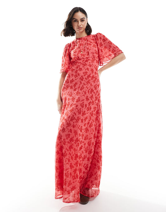 Floral Print High Neck Ruffle Sleeve Maxi Dress