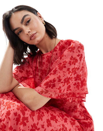 Floral Print High Neck Ruffle Sleeve Maxi Dress