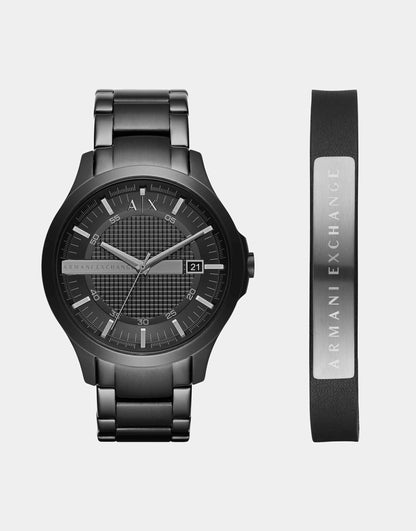 Three-Hand Date Black Stainless Steel Watch And Bracelet Gift Set