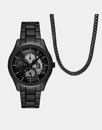 Multifunction Black Stainless Steel Watch And Necklace Set