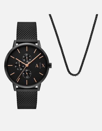 Multifunction Black Stainless Steel Watch And Necklace Set