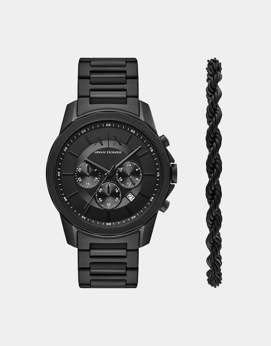 Chronograph Black Stainless Steel Watch And Bracelet Set