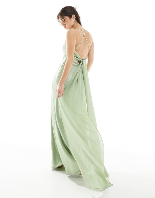 Bridesmaid Cami Satin Maxi Dress With Chiffon Tie Back
