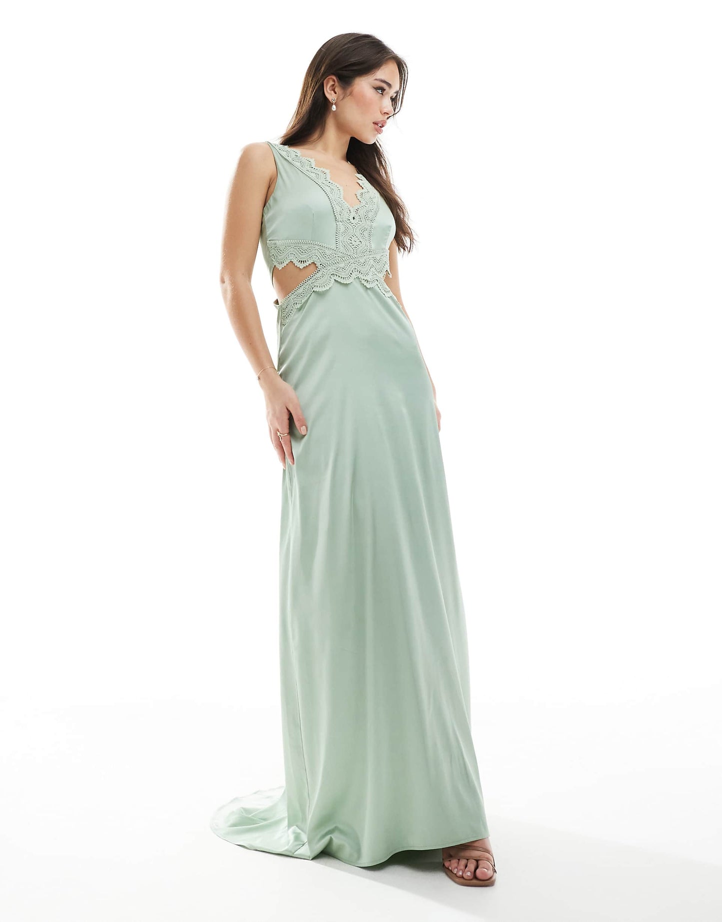 Bridesmaid Satin Maxi Dress With Scalloped Lace Detail