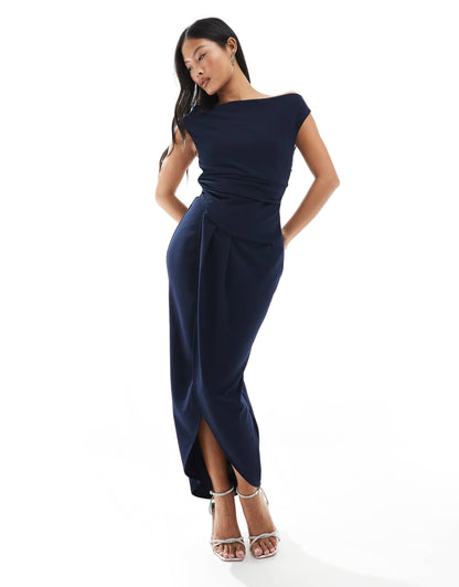 Petite Bridesmaid Slash Neck Maxi Dress With Ruching Detail