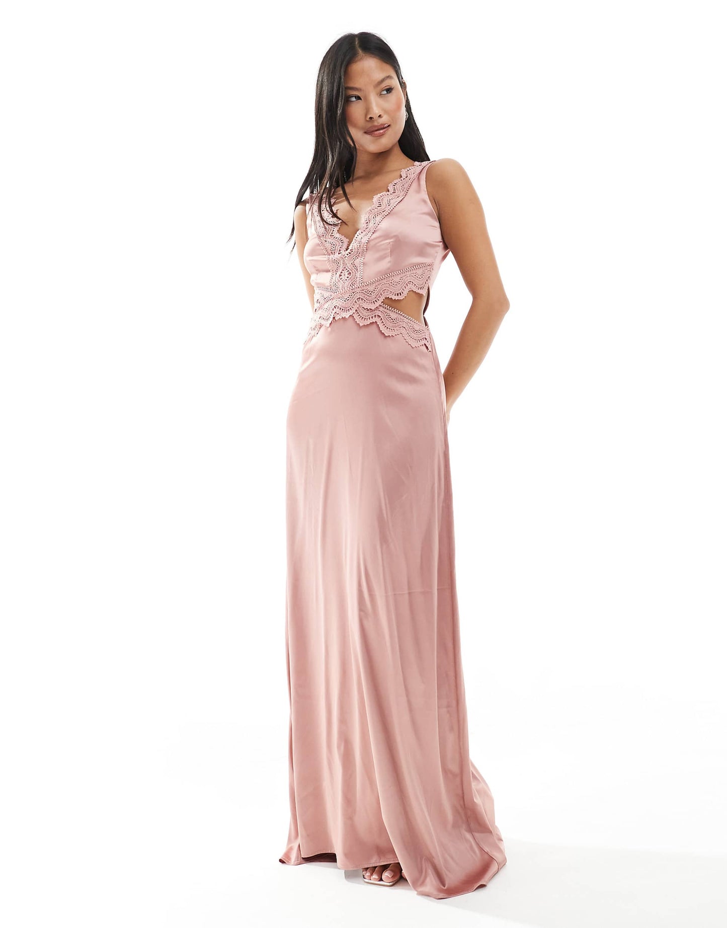 Petite Bridesmaid Satin Maxi Dress With Scalloped Lace Detail