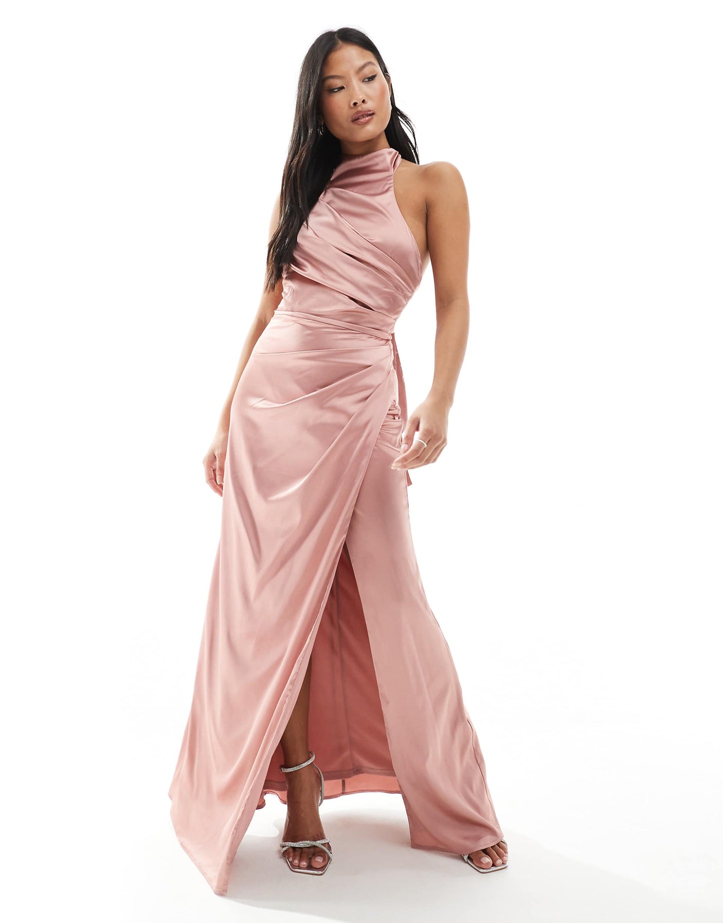 Petite Bridesmaid Satin High Neck Maxi Dress With Bow Back