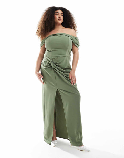 Plus Bridesmaid Fallen Shoulder Maxi Dress With Split