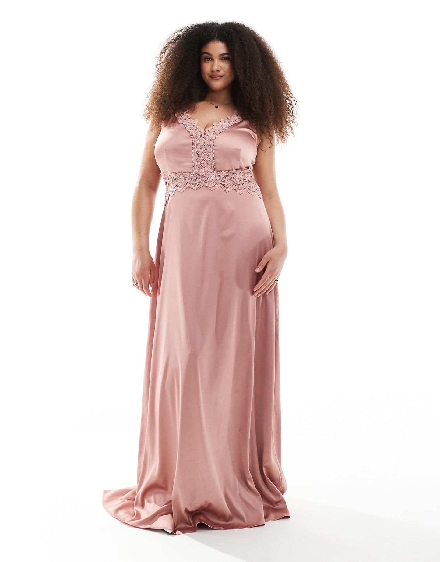 Plus Bridesmaid Satin Maxi Dress With Scalloped Lace Detail