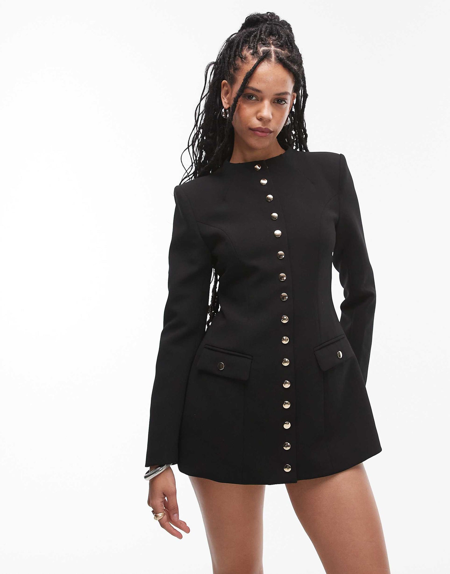 Button Through Long Sleeve Shoulder Pad Mini Dress