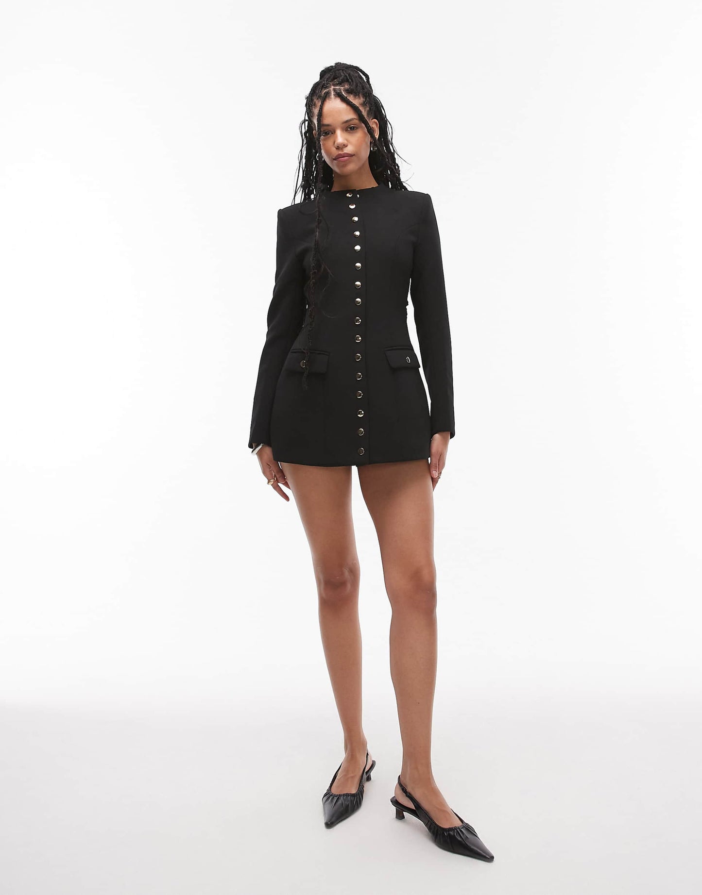 Button Through Long Sleeve Shoulder Pad Mini Dress