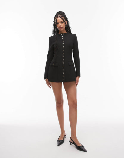 Button Through Long Sleeve Shoulder Pad Mini Dress