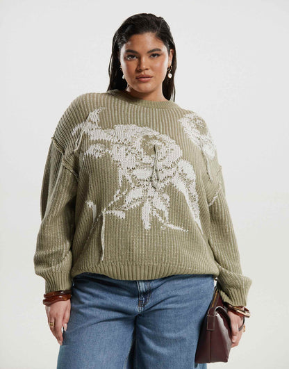 Curve Knitted Rose Printed Oversized Crew Neck Jumper