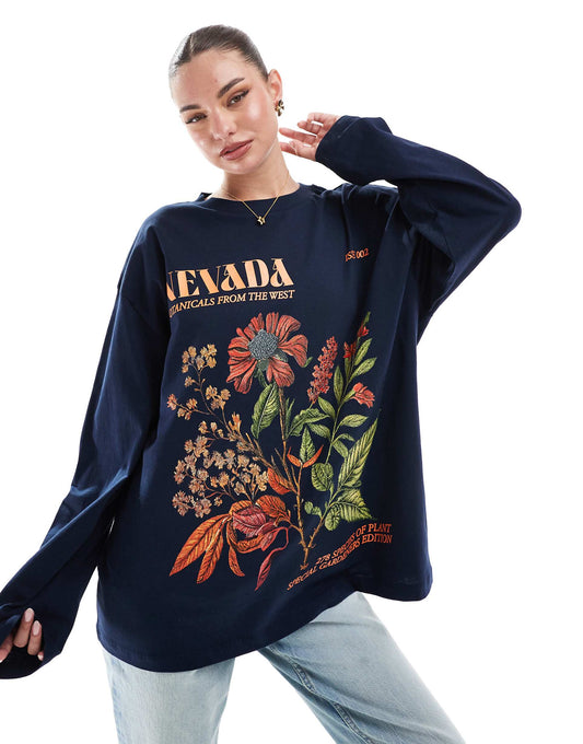 Nevada Botanical Flower Graphic Long Sleeve T-Shirt