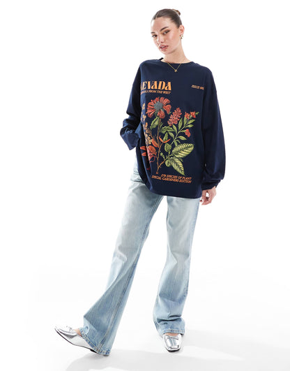 Nevada Botanical Flower Graphic Long Sleeve T-Shirt