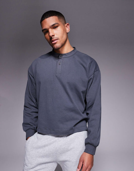 Heavyweight Oversized Boxy Long Sleeve Henley T-Shirt With Step Hem
