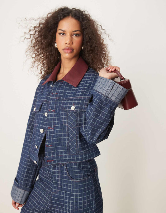 Contrast Pu Collar Denim Jacket Co-Ord