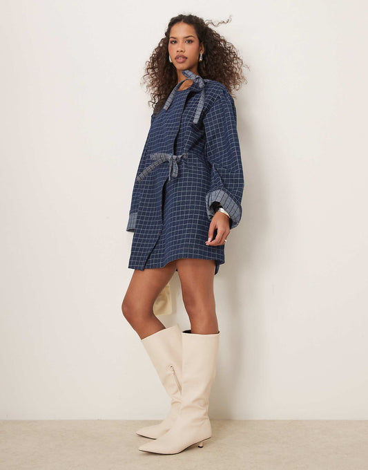 Bow Detail Check Denim Mini Dress