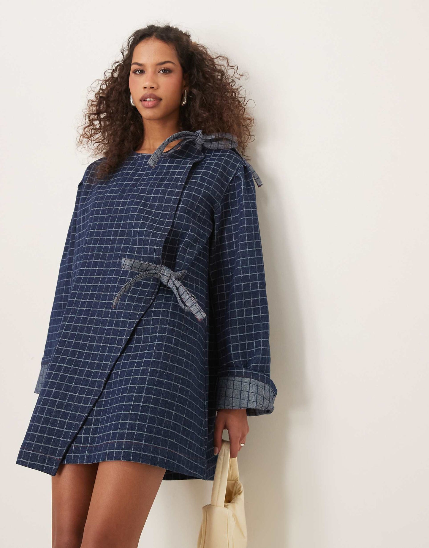 Bow Detail Check Denim Mini Dress