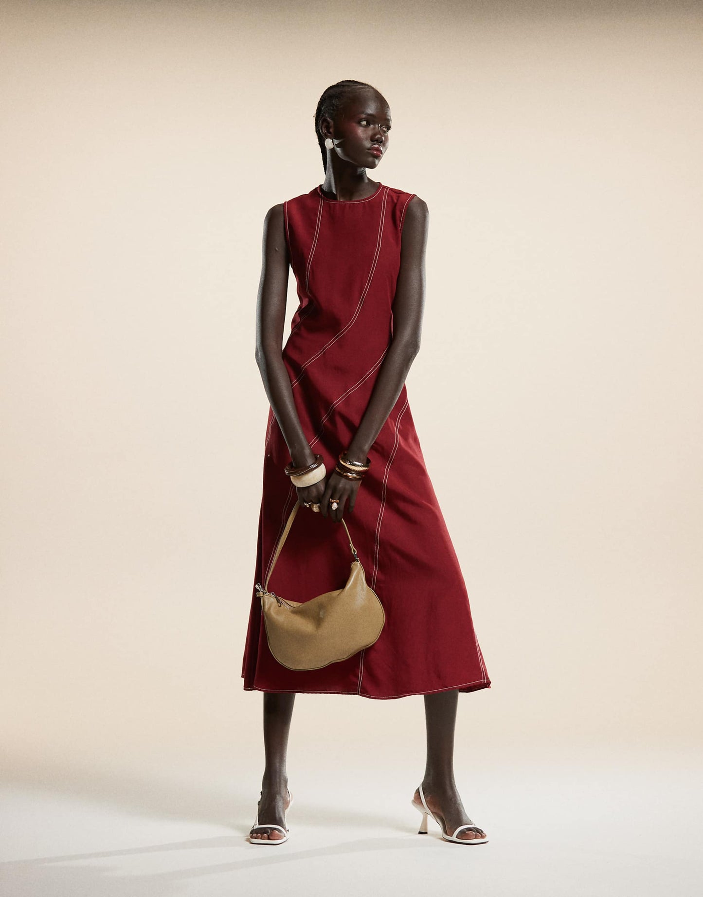 Curved Contrast Stitch Midaxi Dress