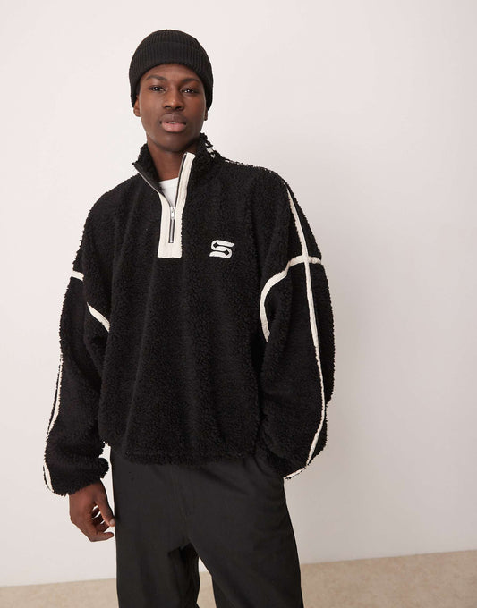 Extreme Oversized Boxy Fleece Jumper With Half Zip And Embroidery