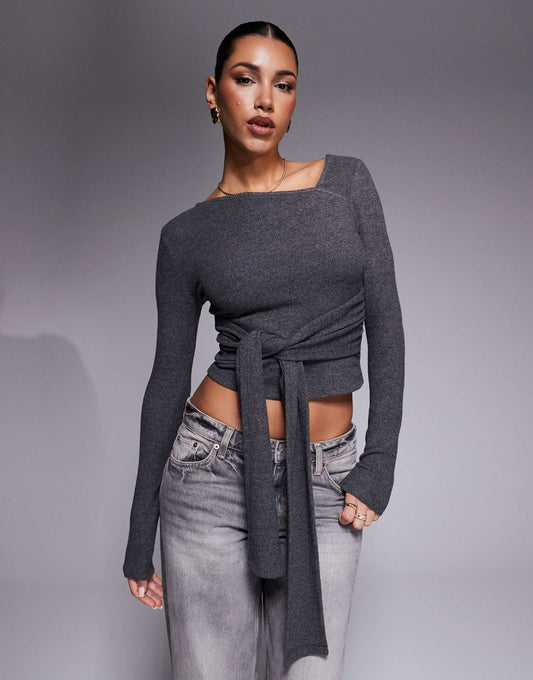 Brushed Asymmetric Neck Long Sleeve Top With Tie Waist Detail