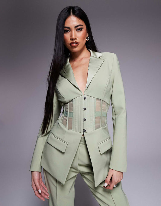 Sheer Satin Mix Corset Blazer Co-Ord