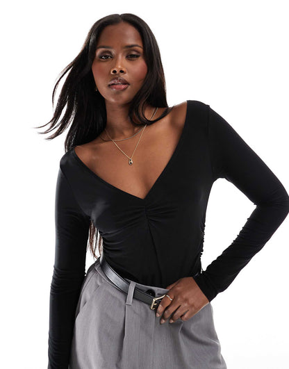 Ruched V Neck Long Sleeve Top