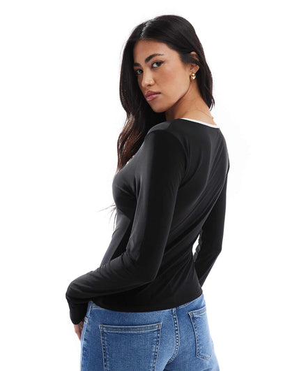 Soft Touch Contrast Keyhole Neck Long Sleeve Top