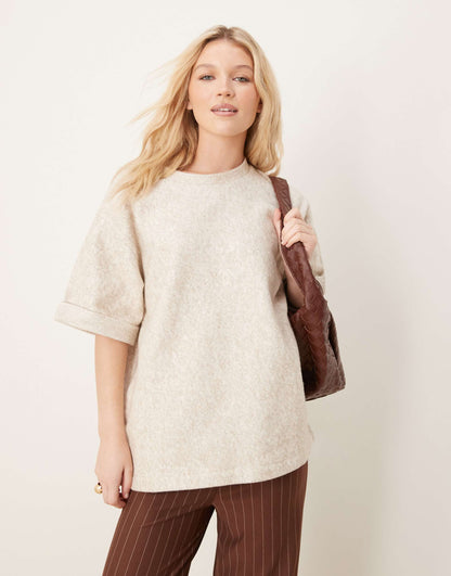 Oversized Boucle T-Shirt With Turnback Hem Sleeve