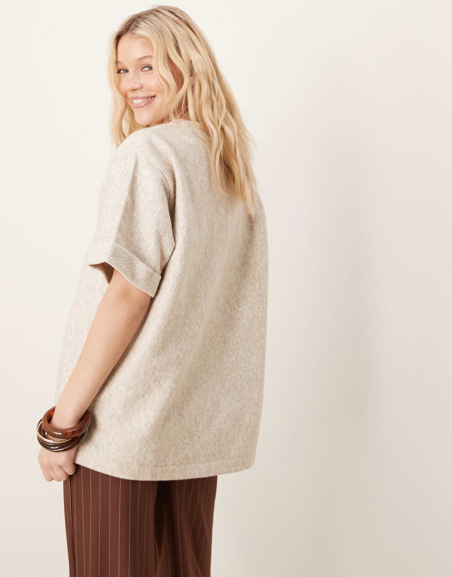 Oversized Boucle T-Shirt With Turnback Hem Sleeve