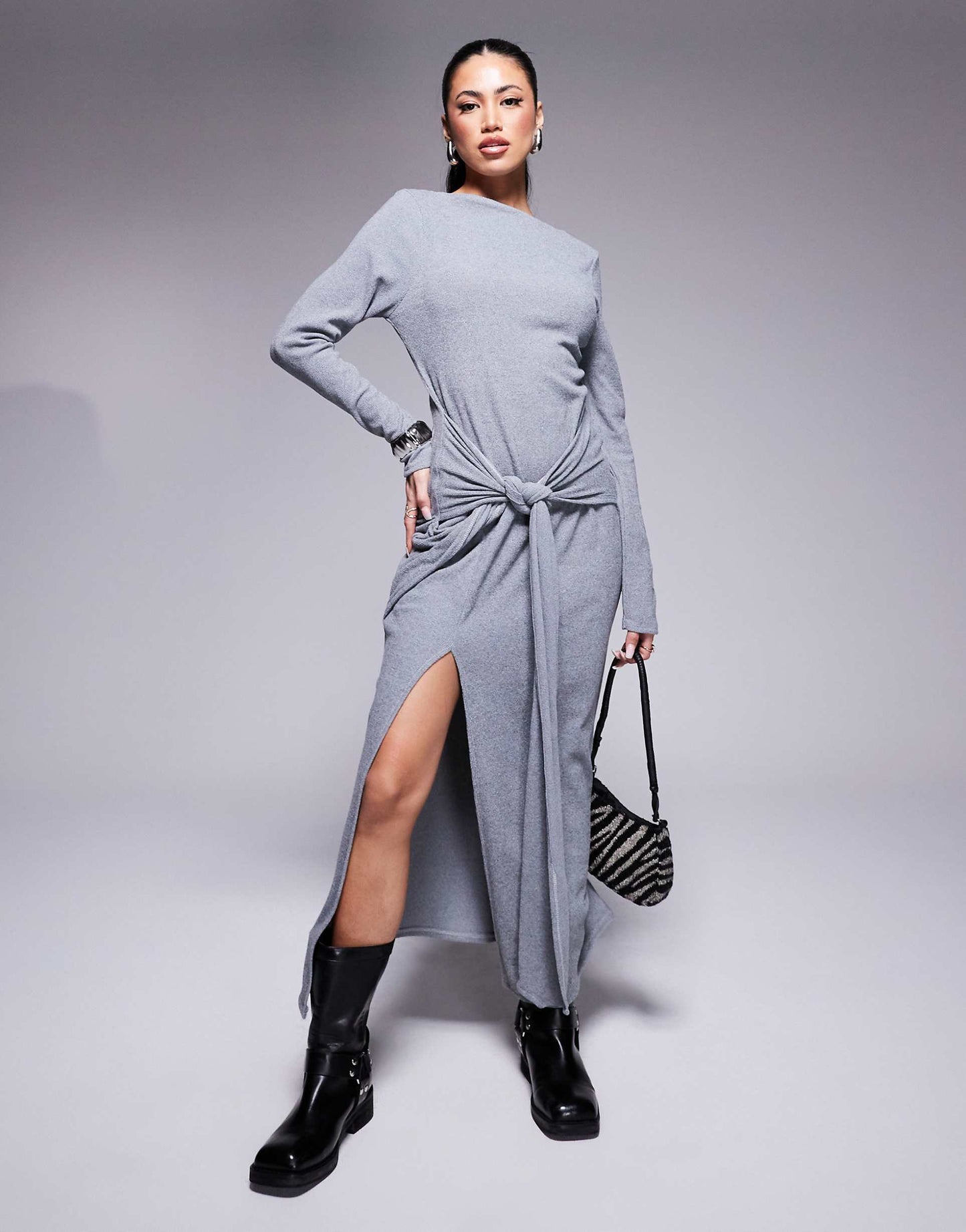 Ribbed Slash Neck Long Sleeve Twist Front Midi Dress