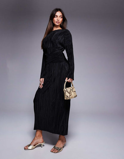 Plisse High Neck Long Sleeve Wrap Waist Maxi Dress