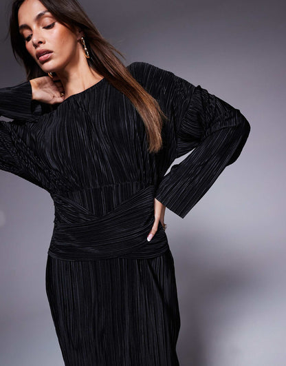 Plisse High Neck Long Sleeve Wrap Waist Maxi Dress