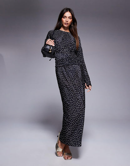 Plisse High Neck Long Sleeve Wrap Waist Maxi Dress